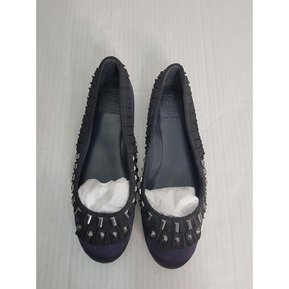 Tory Burch Ballet Flat Size 10M Erin Grosgrain Ribbon Studded Satin Navy Black - Picture 3 of 10